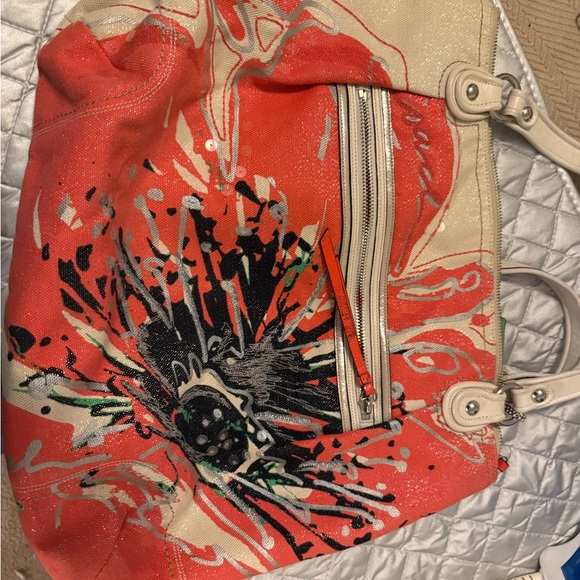 Stella & Dot Coral and Cream Floral Canvas Tote - Picture 2 of 11